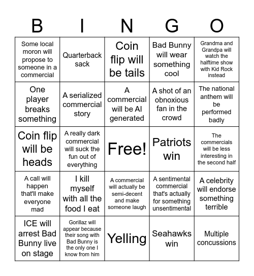 Super Bowl Stuff Bingo Card