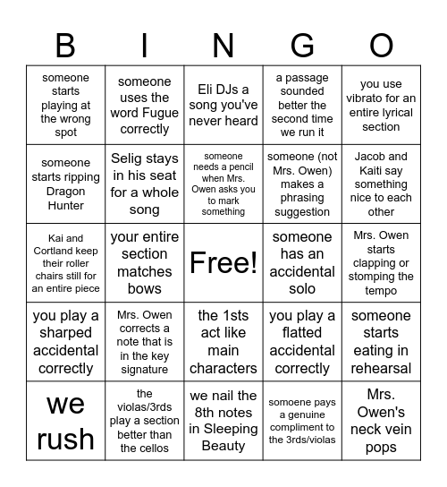 Orchestra Bingo Card