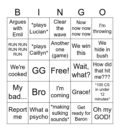 Joe's League Bingo! Bingo Card