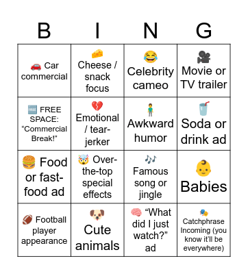 Super Bowl Commercial BINGO Card