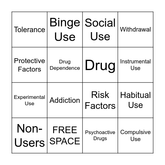 ADDICTION Bingo Card