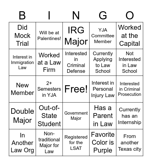 YJA Bingo Card