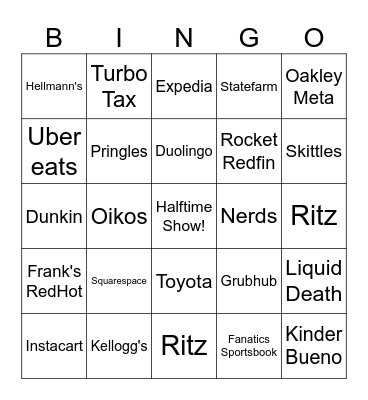 2026 Superbowl Commercial Bingo Card