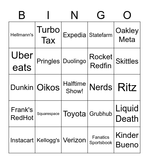 2026 Superbowl Commercial Bingo Card