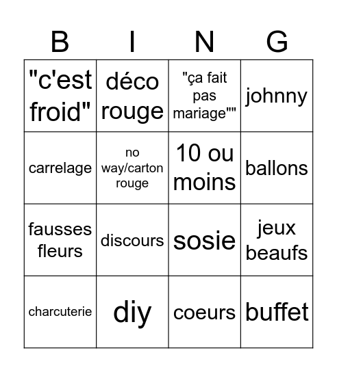 4 mariages Bingo Card