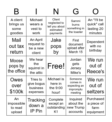 Tax Return Bingo Card