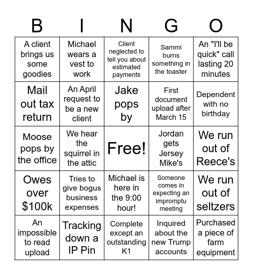 Tax Return Bingo Card