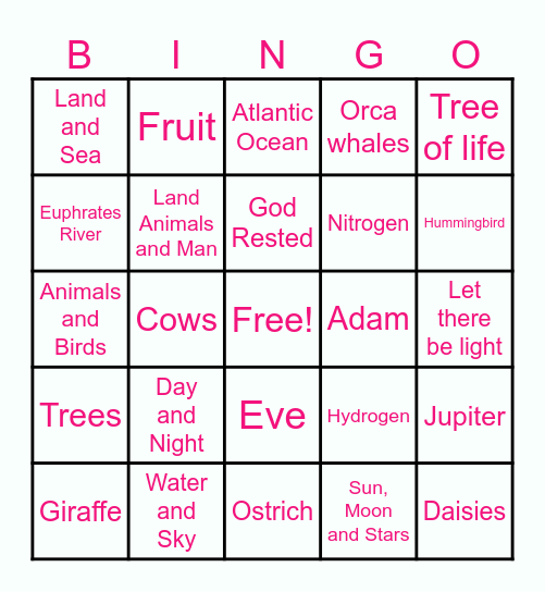 Creation Bingo Card