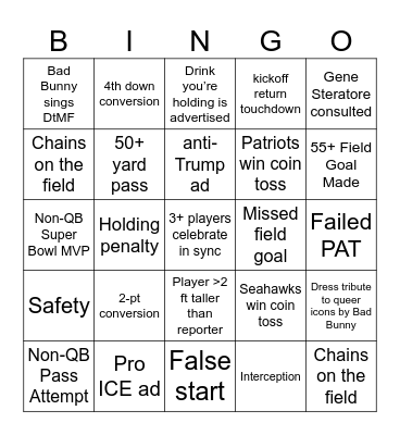 Super bowl Bingo Card