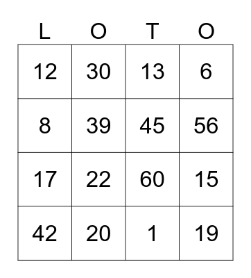 French Numbers Bingo Card