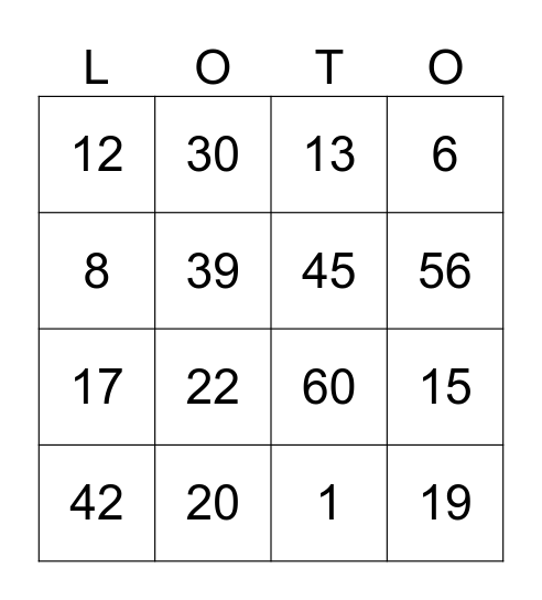 French Numbers Bingo Card