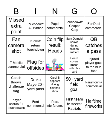 Super Bowl 2026 Bingo Card