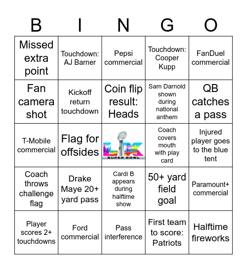 Super Bowl 2026 Bingo Card