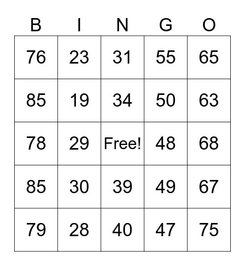 Number Bingo 10-85 Bingo Card