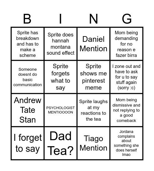 Tea Session Bingo Sprinter Bingo Card