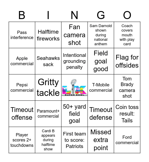 Super Bowl 2026 Bingo Card
