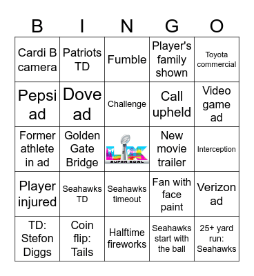 Super Bowl 2026 Bingo Card