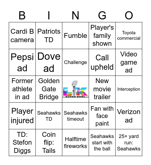 Super Bowl 2026 Bingo Card