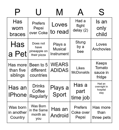 New Student Orientation Ice Breaker Bingo Card