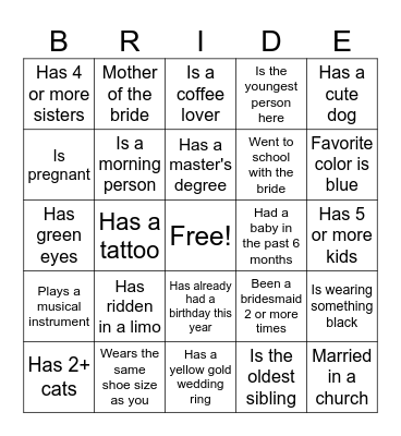 Bridal Bingo Card