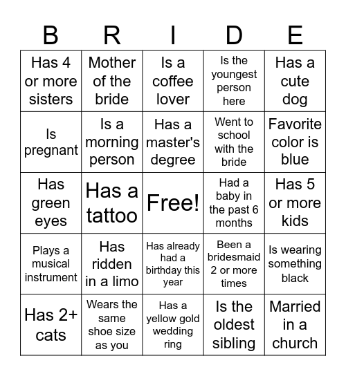Bridal Bingo Card