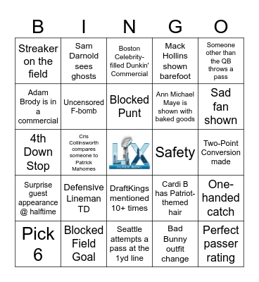SUPER BOWL Bingo Card