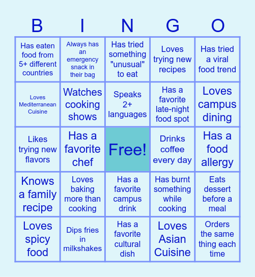 Culinary Club's FIRST COURSE GBM Bingo Card