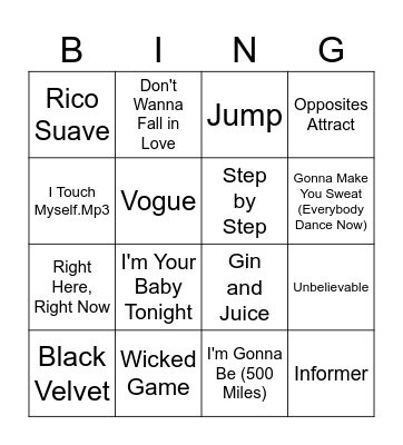 The County Seat 90's Music Bingo Card