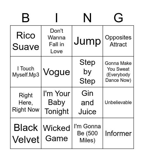 The County Seat 90's Music Bingo Card