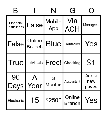 Bill Pay Bingo Card