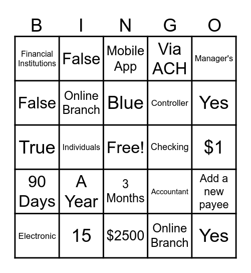 Bill Pay Bingo Card