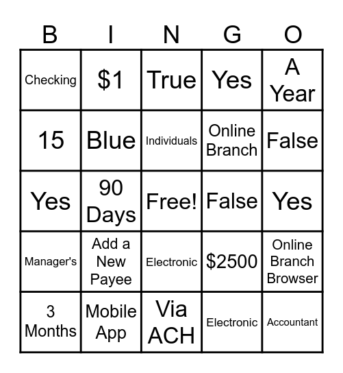 Bill Pay Bingo Card
