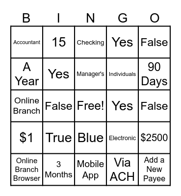 Bill Pay Bingo Card