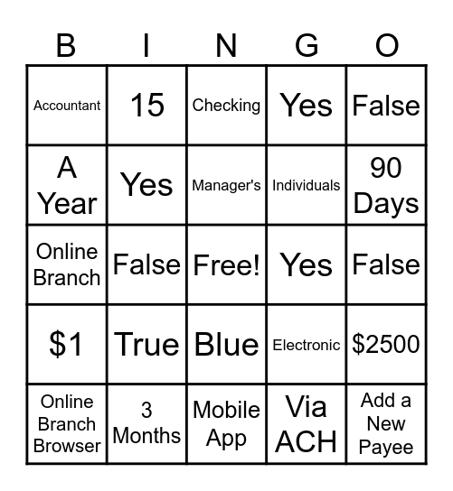 Bill Pay Bingo Card