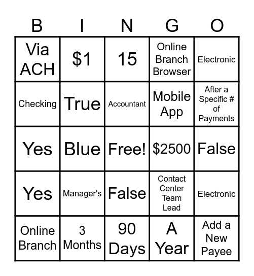 Bill Pay Bingo Card