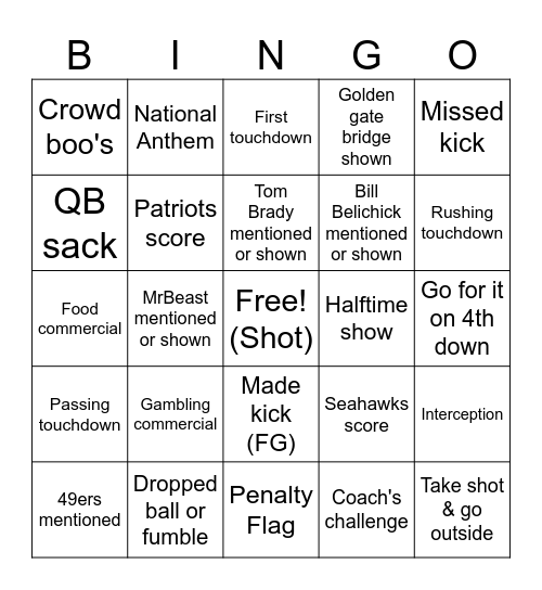 SUPERBOWL 2026 BINGO Card