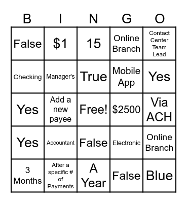 Bill Pay Bingo Card