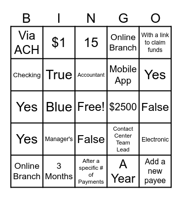 Bill Pay Bingo Card
