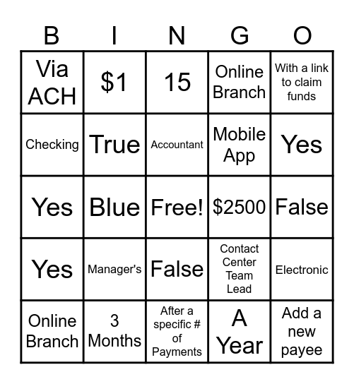 Bill Pay Bingo Card