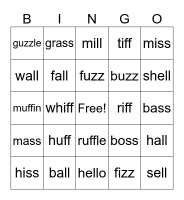 ff, ll, zz, ss Bingo Card
