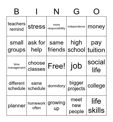 High School vs. College Bingo Card