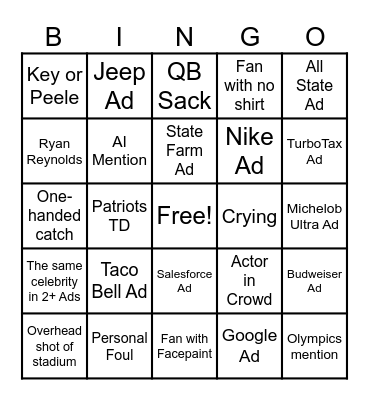 Super Bowl Bingo 2026 Bingo Card