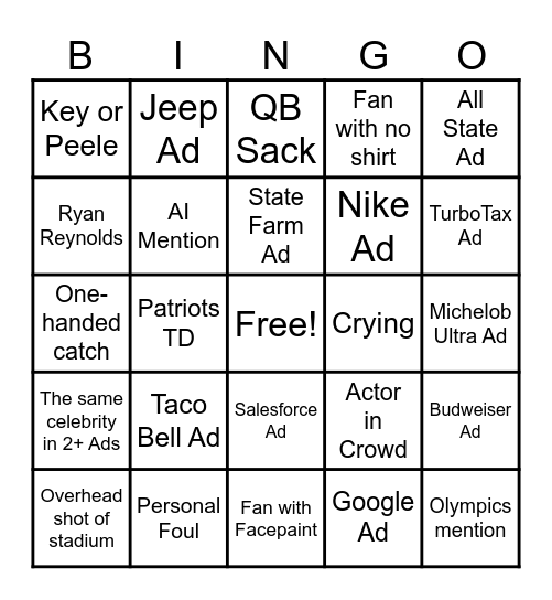 Super Bowl Bingo 2026 Bingo Card