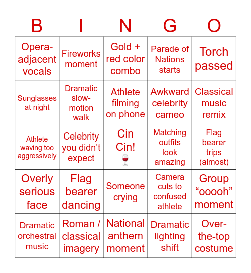 Olympics Opening Ceremony Bingo Card