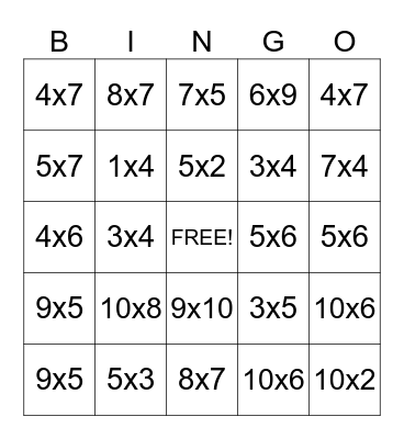 Westlawn Multiplication Bingo Card