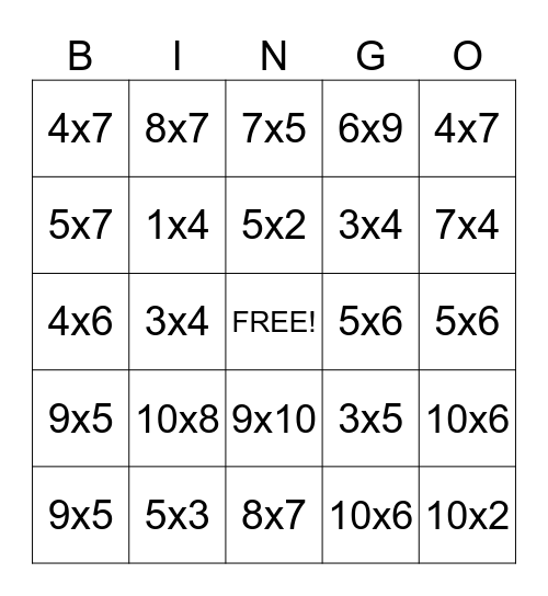 Westlawn Multiplication Bingo Card
