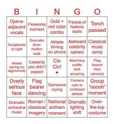 Olympics Opening Ceremony Bingo Card