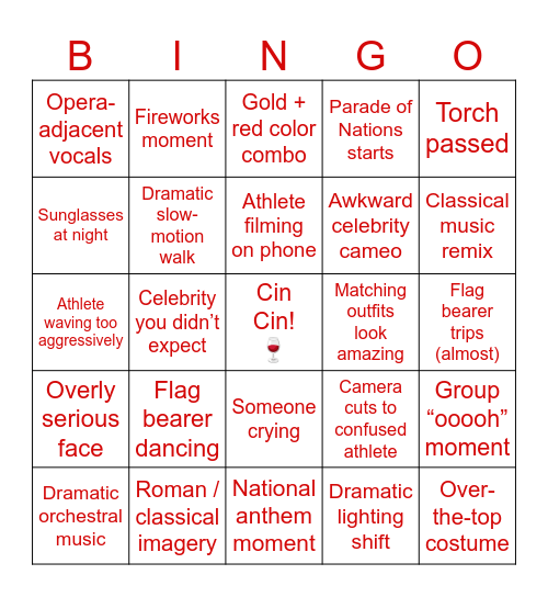 Olympics Opening Ceremony Bingo Card