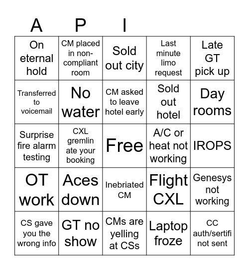 API Weekly Bingo Card