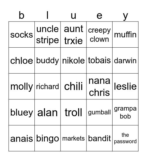 bluey and gumball Bingo Card